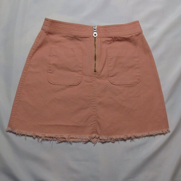 MADEWELL womens SKIRT denim JEAN mini PEACH coral FRAYED pockets SIZE 2 - Picture 2 of 11